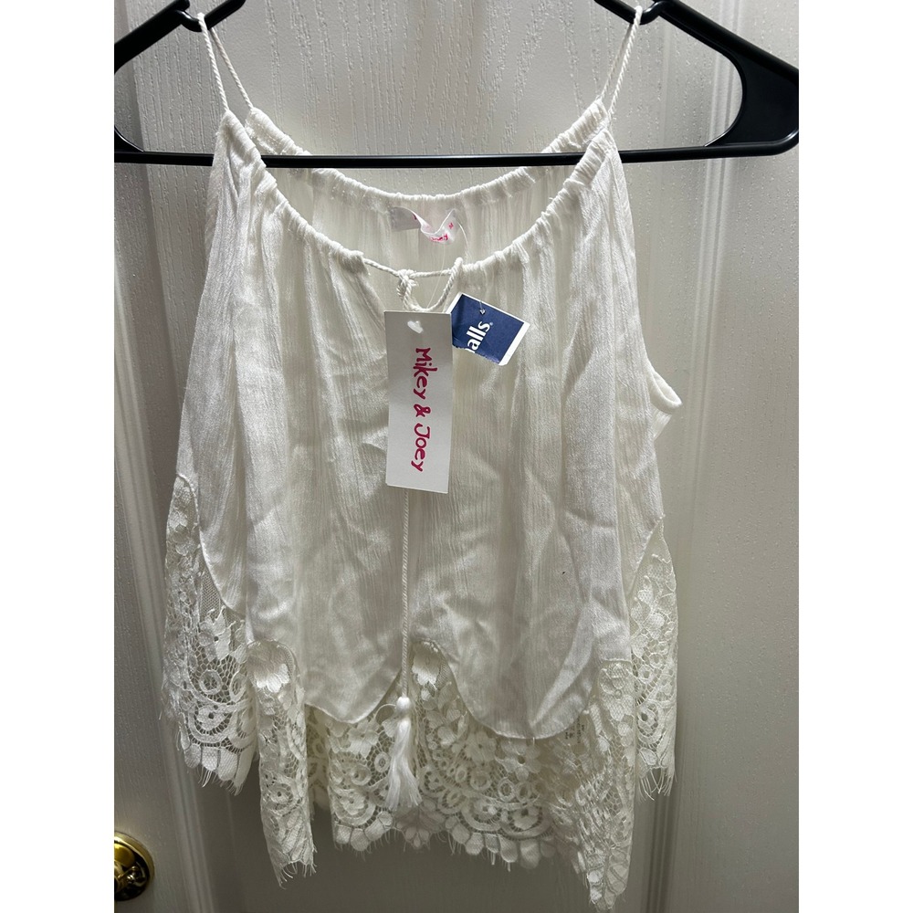 NWT Juniors Mikey & Joey White Boho Lace Trim Tassel Tank Top Size Medium